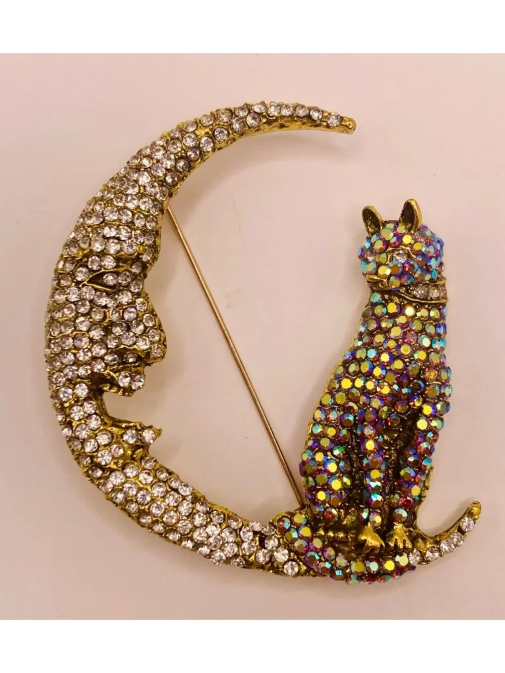 Crescent Moon & Cat Rhinestone Gold Tone Brooch Pin -46B